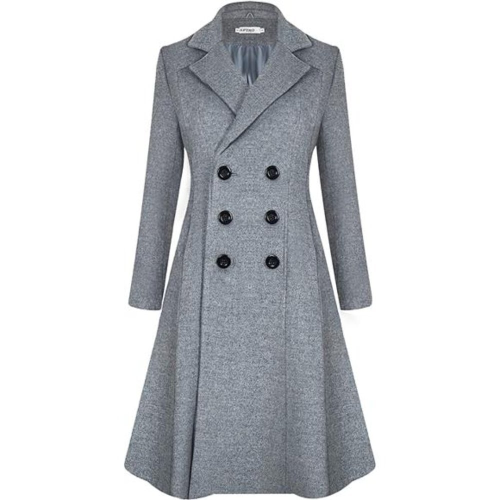 Women's Winter Wool Dress Coat Double Breasted Pea Coat Long Trench Coat, Gray
